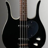 Close up view of Danelectro Longhorn Bass Guitar Black on gradient gray background