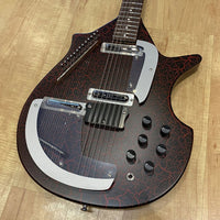 Close up view of Danelectro Sitar Electric Guitar Red Crackle on wooden surface