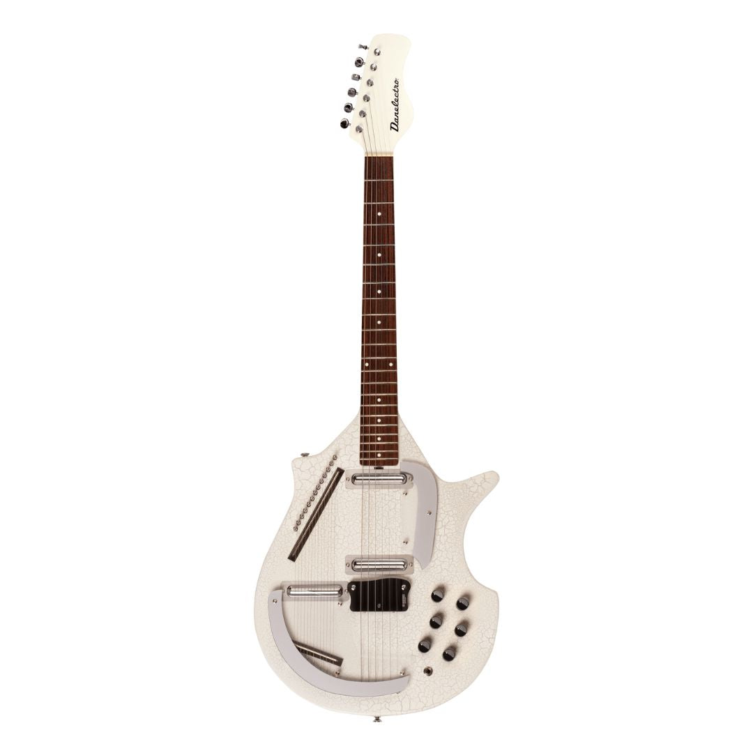 Front view of Danelectro Sitar Electric Guitar White Crackle on white background