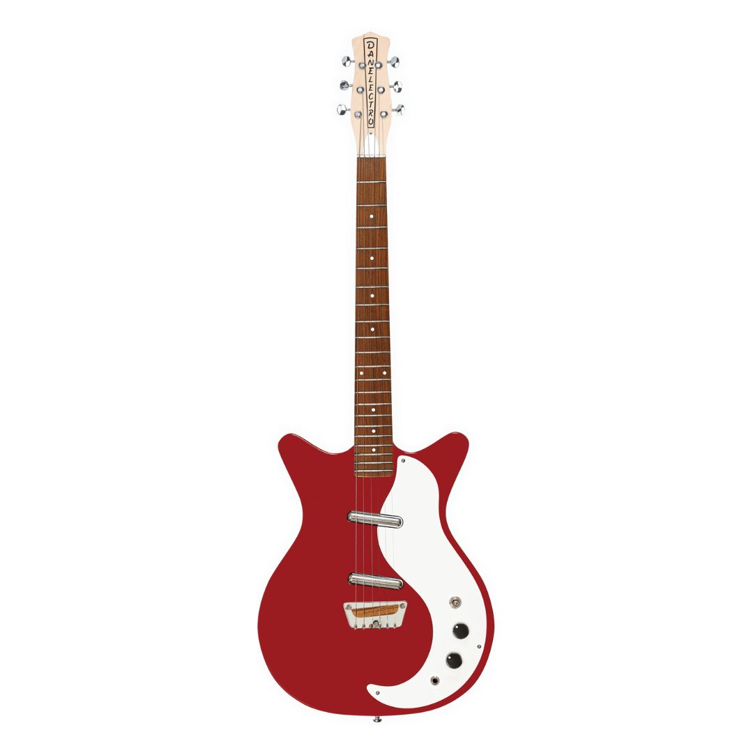 Front view of Danelectro Stock 59 Electric Guitar Vintage Red on white background