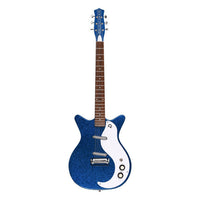 Front view of Danelectro '59M NOS+ Electric Guitar Blue Metal Flake on white background