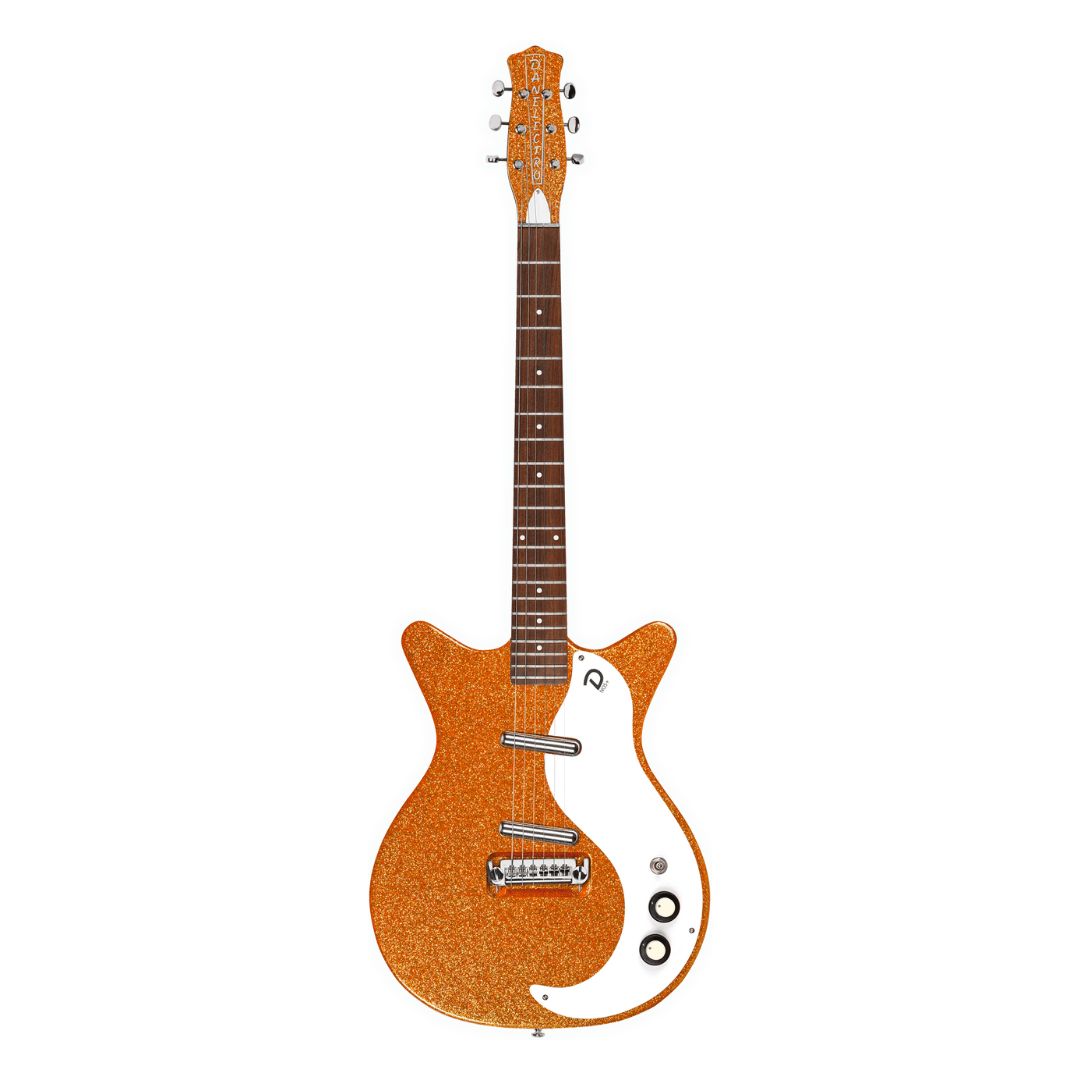 Front view of Danelectro '59M NOS+ Electric Guitar Orange Metal Flake on white background