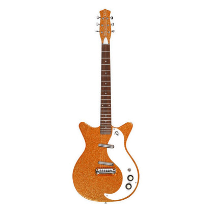 Front view of Danelectro '59M NOS+ Electric Guitar Orange Metal Flake on white background