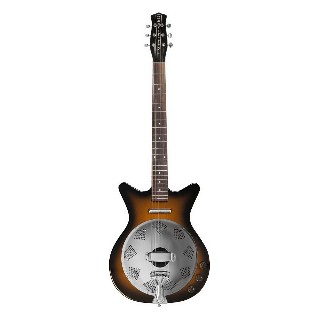 Front view of Danelectro '59 Resonator Electric Guitar Tobacco Sunburst on white background