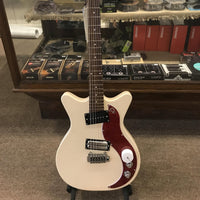 Front view of Danelectro '59XT Electric Guitar Vintage White with windowed cabinet background