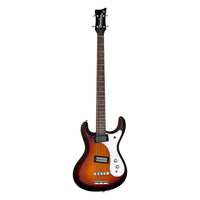 Front view of Danelectro '64 Bass Guitar 3-Tone Sunburst on white background