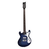 Front view of Danelectro '66BT Baritone Electric Guitar Transparent Blue on white background