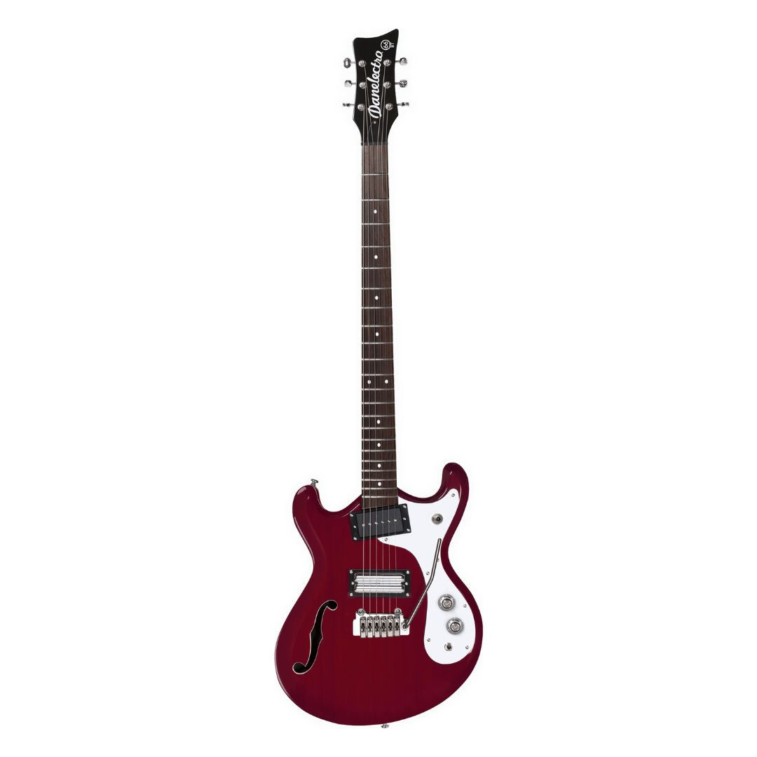 Front view of Danelectro '66BT Baritone Electric Guitar Transparent Red on white background