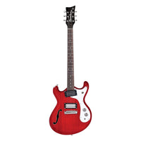 Front view of Danelectro '66 Electric Guitar Transparent Red on white background