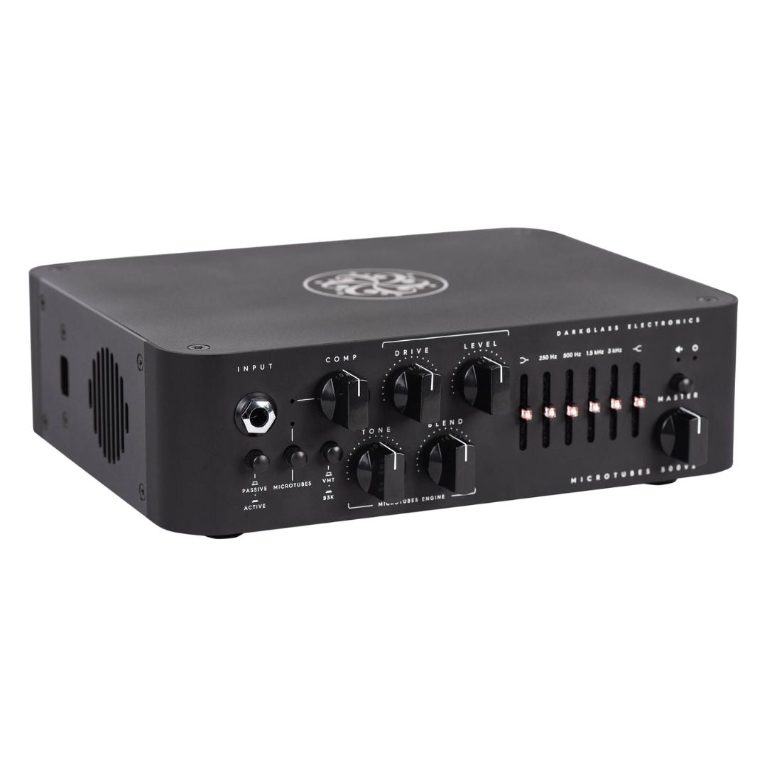 Angled view of Darkglass Microtubes 500v2 Bass Amplifier Head Black on white background