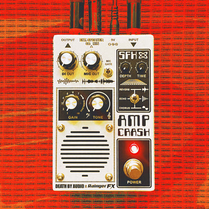 Front view of Death By Audio Amp Crash Pedal with cables attached to it on red background