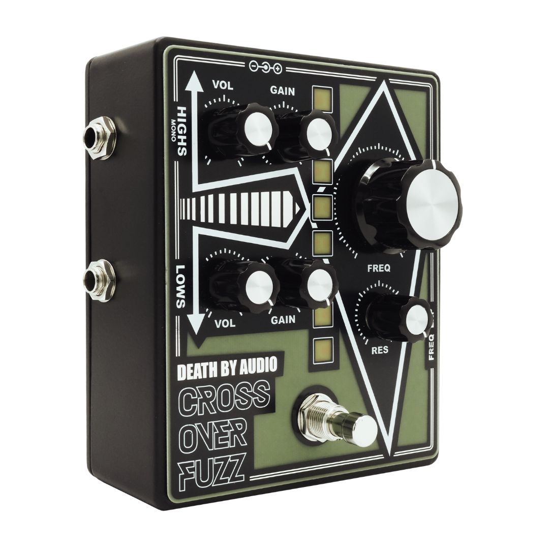 Angled view of Death By Audio Crossover Fuzz on white background