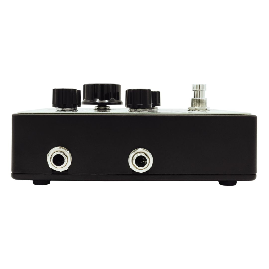 Left side view of Death By Audio Crossover Fuzz on white background