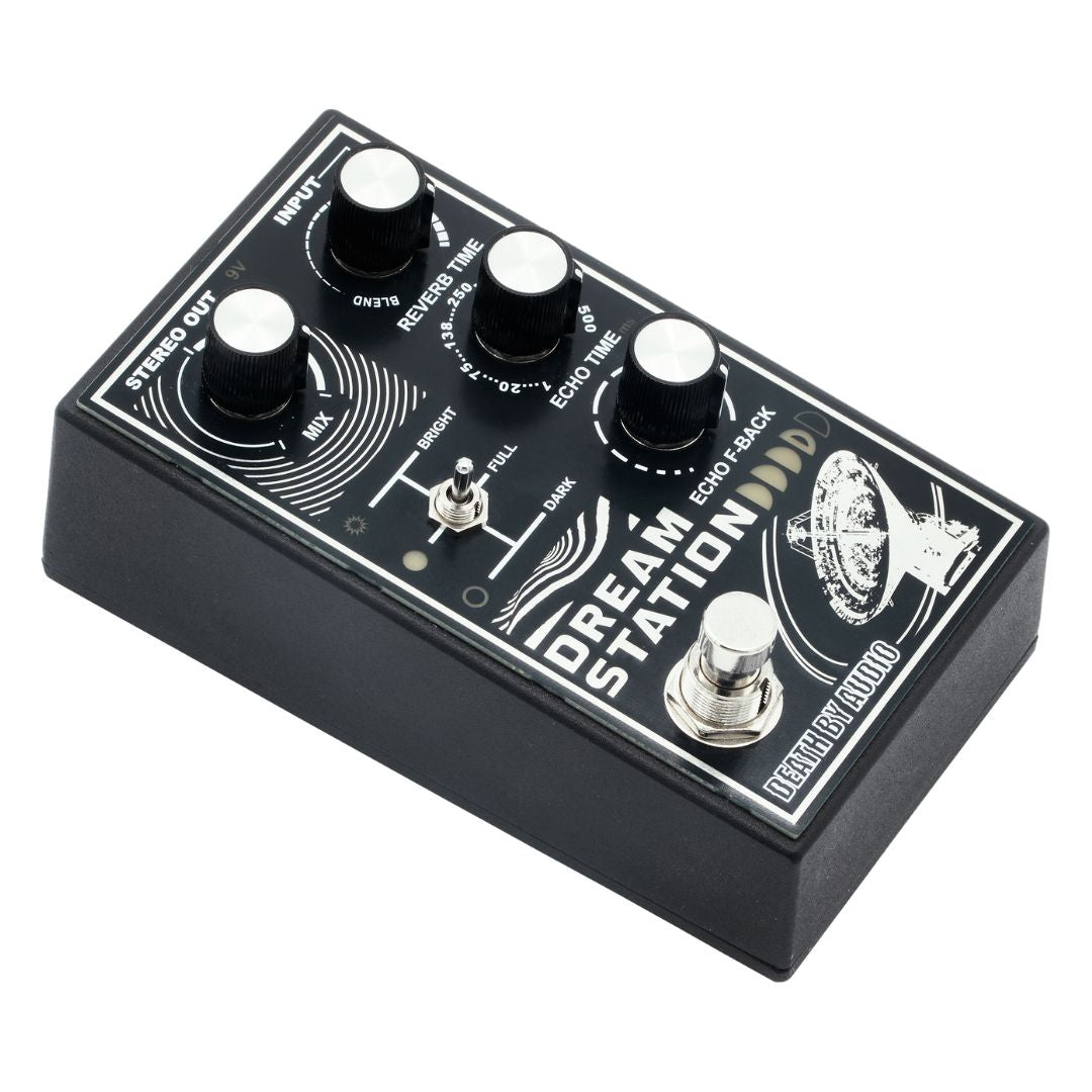 Angled view of Death By Audio Dream Station Reverb Pedal on white background