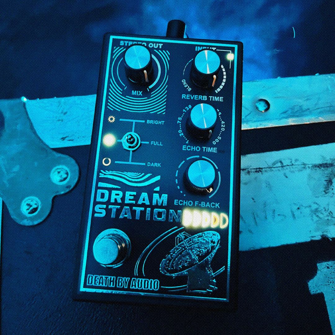 Angled front view of Death By Audio Dream Station Reverb Pedal on top of roadcase