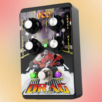 Angled view of DigiTech DOD Drag Pedal on red and orange gradient background