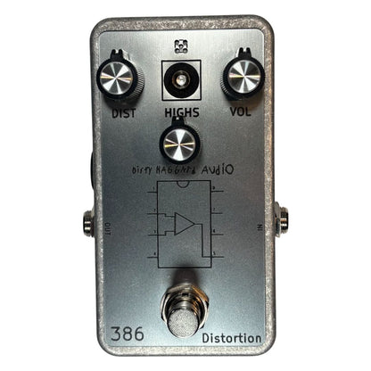Front view of Dirty Haggard 386 Distortion Pedal Silver on white background