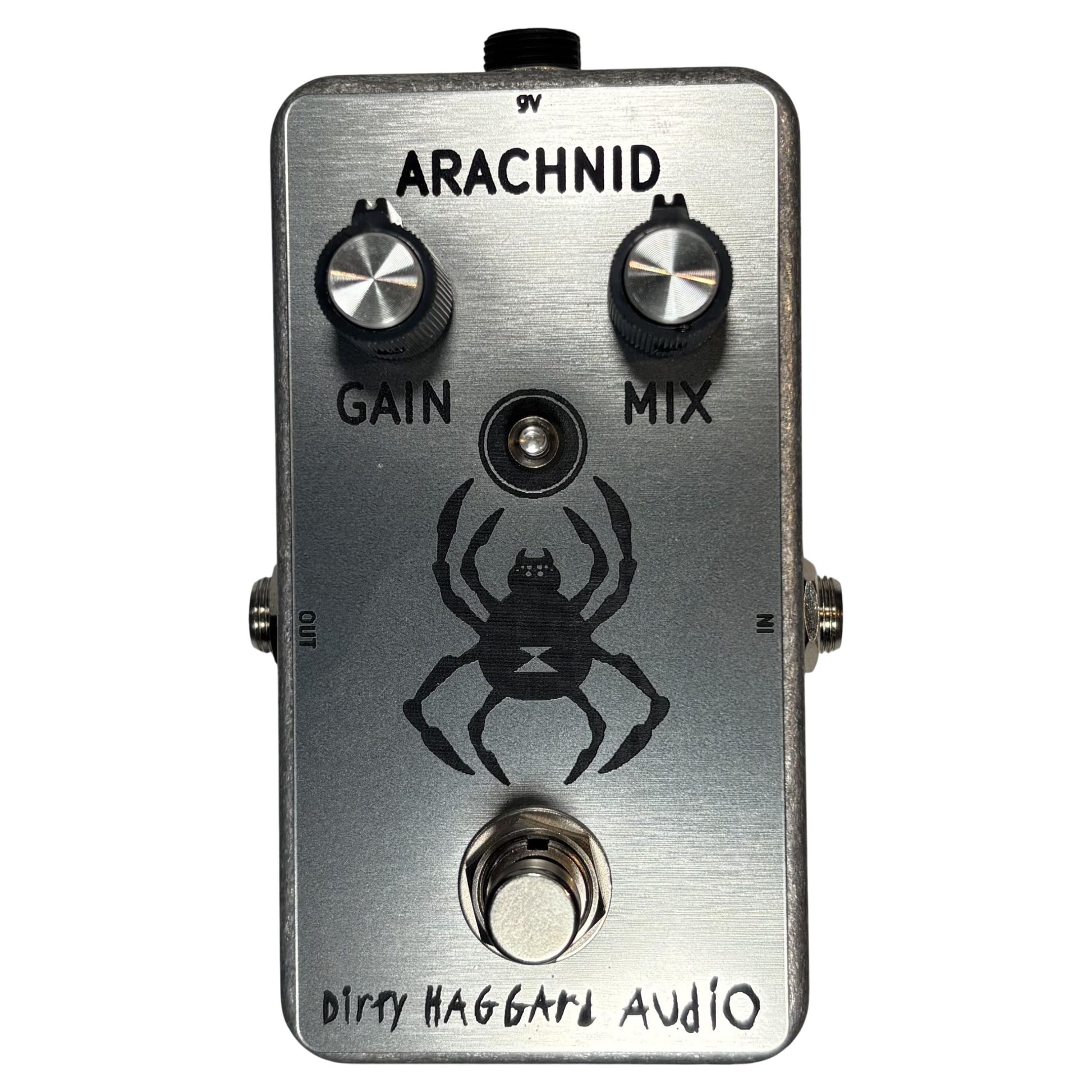 Front view of Dirty Haggard Arachnid Pedal Silver on white background