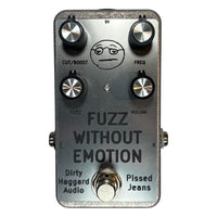 Front view of Dirty Haggard Fuzz Without Emotion Pedal Silver on white background