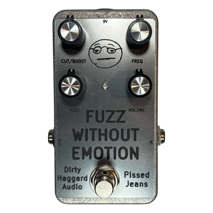 Front view of Dirty Haggard Fuzz Without Emotion Pedal Silver on white background