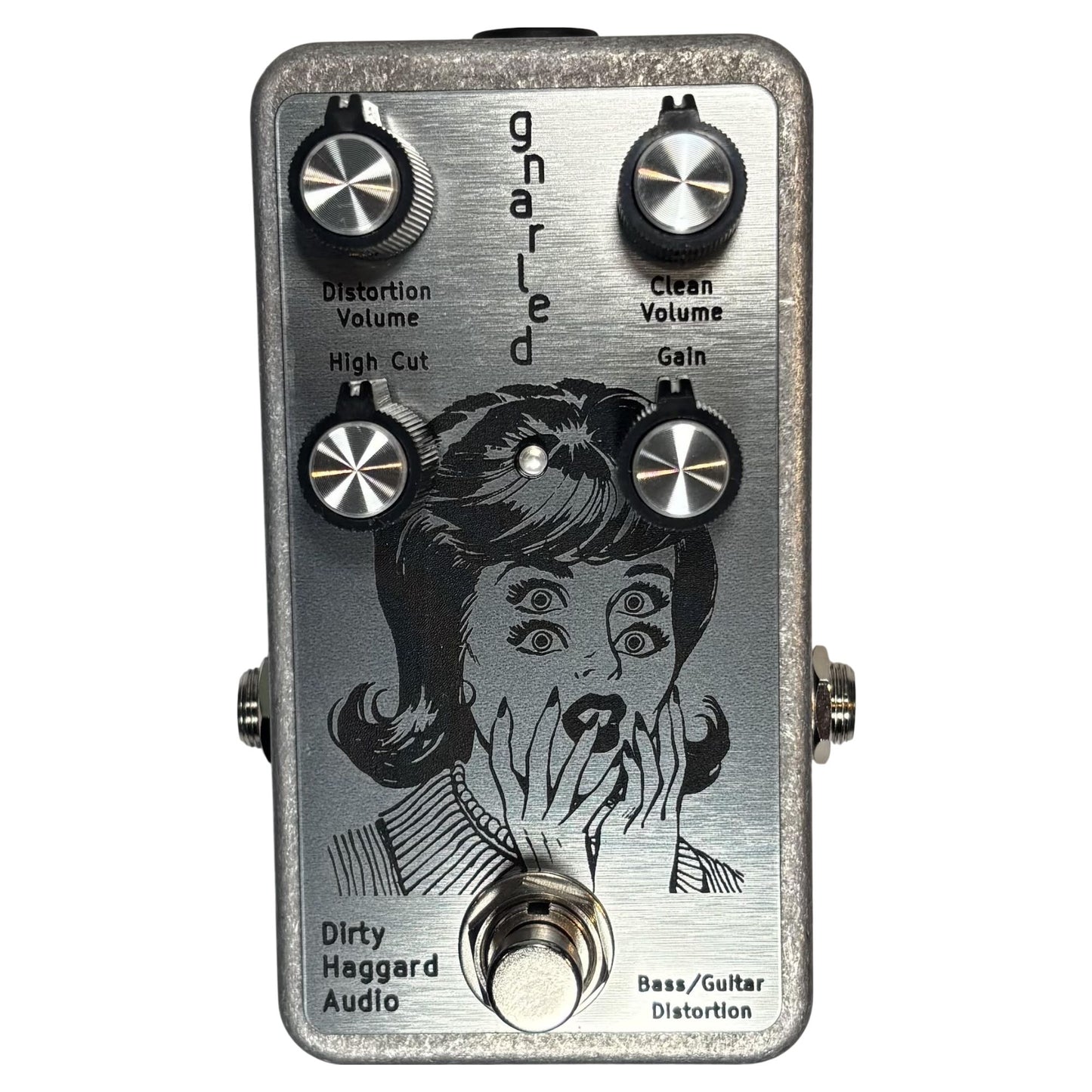 Front view of Dirty Haggard Gnarled Pedal Silver on white background