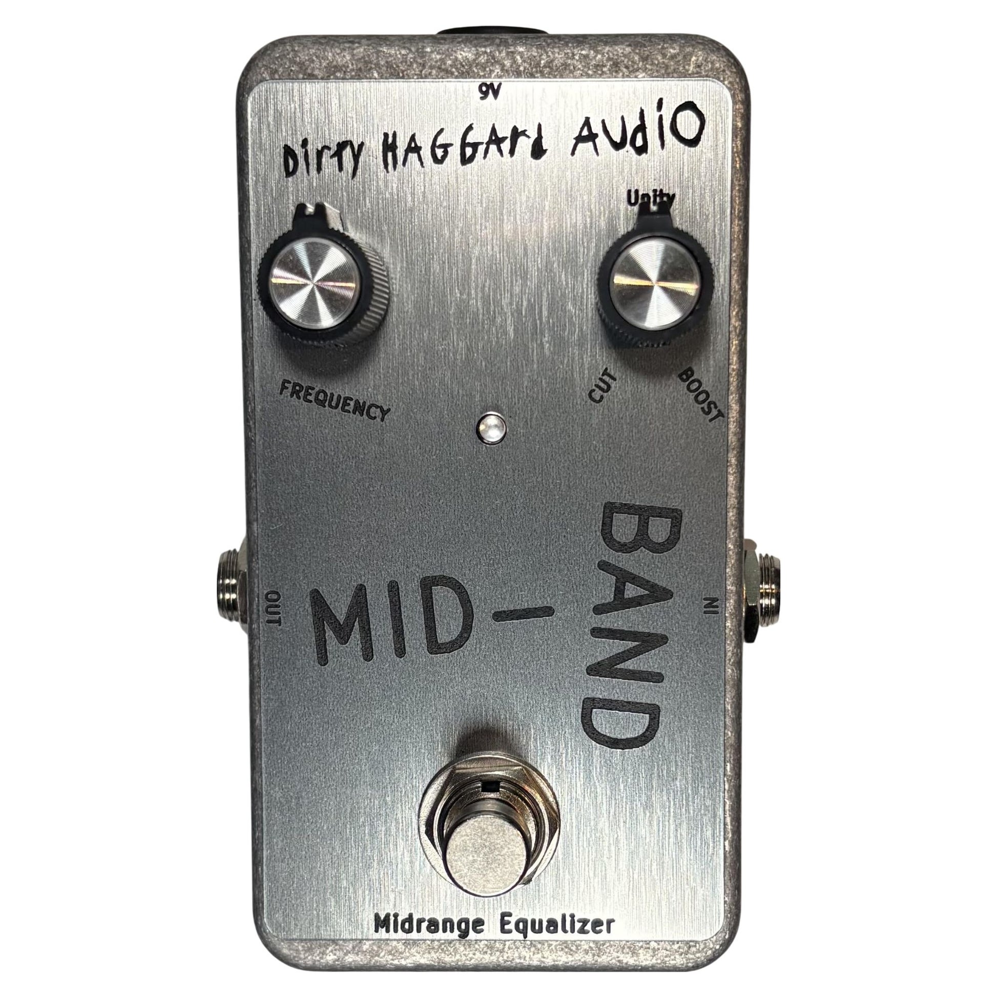 Front view of Dirty Haggard Mid-Band Pedal Silver on white background