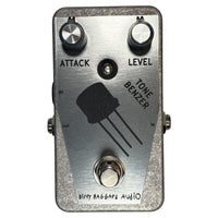 Angled front view of Dirty Haggard Tone Benzer Pedal Silver on white background