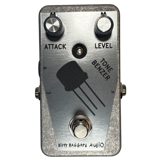 Angled front view of Dirty Haggard Tone Benzer Pedal Silver on white background
