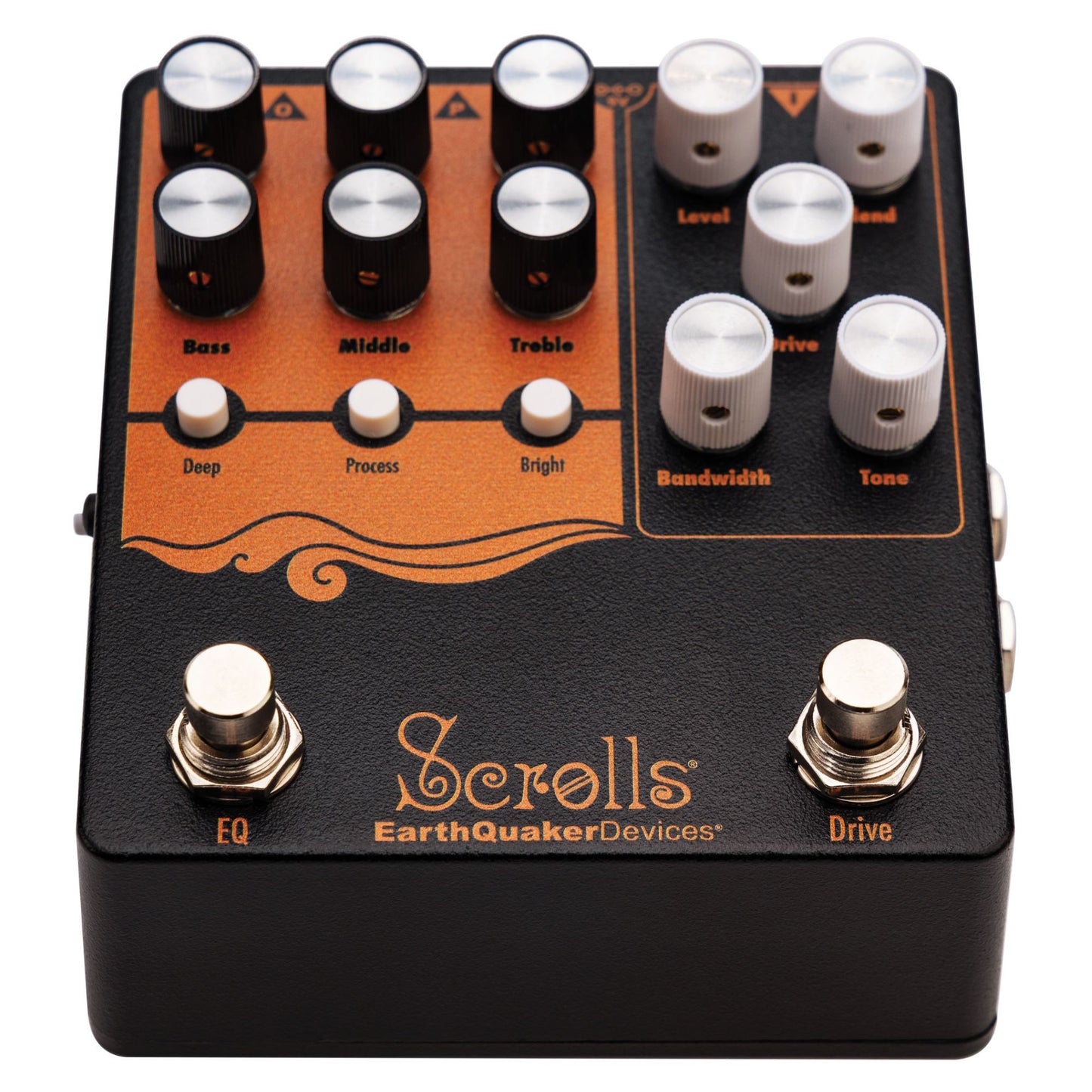 Angled bottom view of EarthQuaker Devices Scrolls Bass Odyssey Pedal on white background