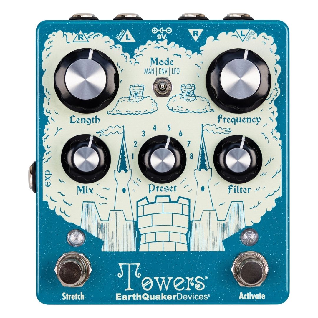 Front view of EarthQuaker Devices Towers Stereo Reverb Pedal on white background
