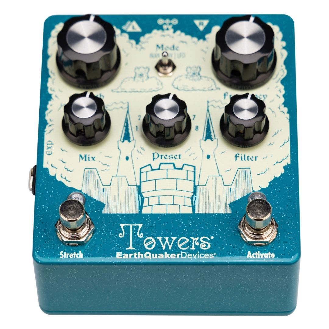 Angled front view of EarthQuaker Devices Towers Stereo Reverb Pedal on white background