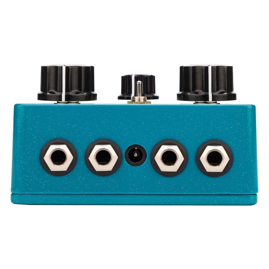 Top jacks view of EarthQuaker Devices Towers Stereo Reverb Pedal on white background