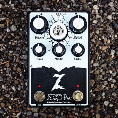 Front view of EarthQuaker Devices ZEQD-Pre Pedal on pebbles