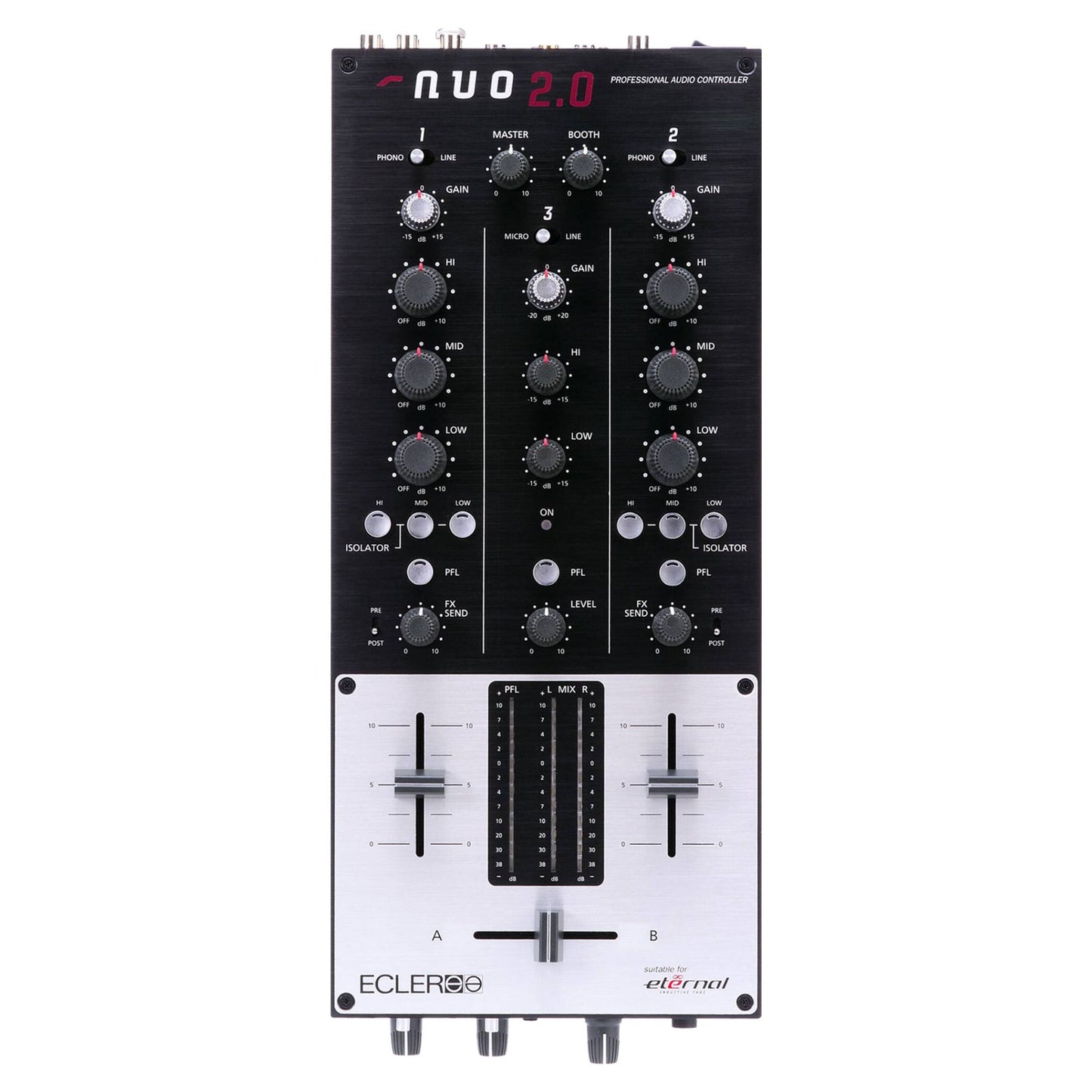 Front view of Ecler NUO 2.0 Professional 2-Channel DJ Mixer on white background