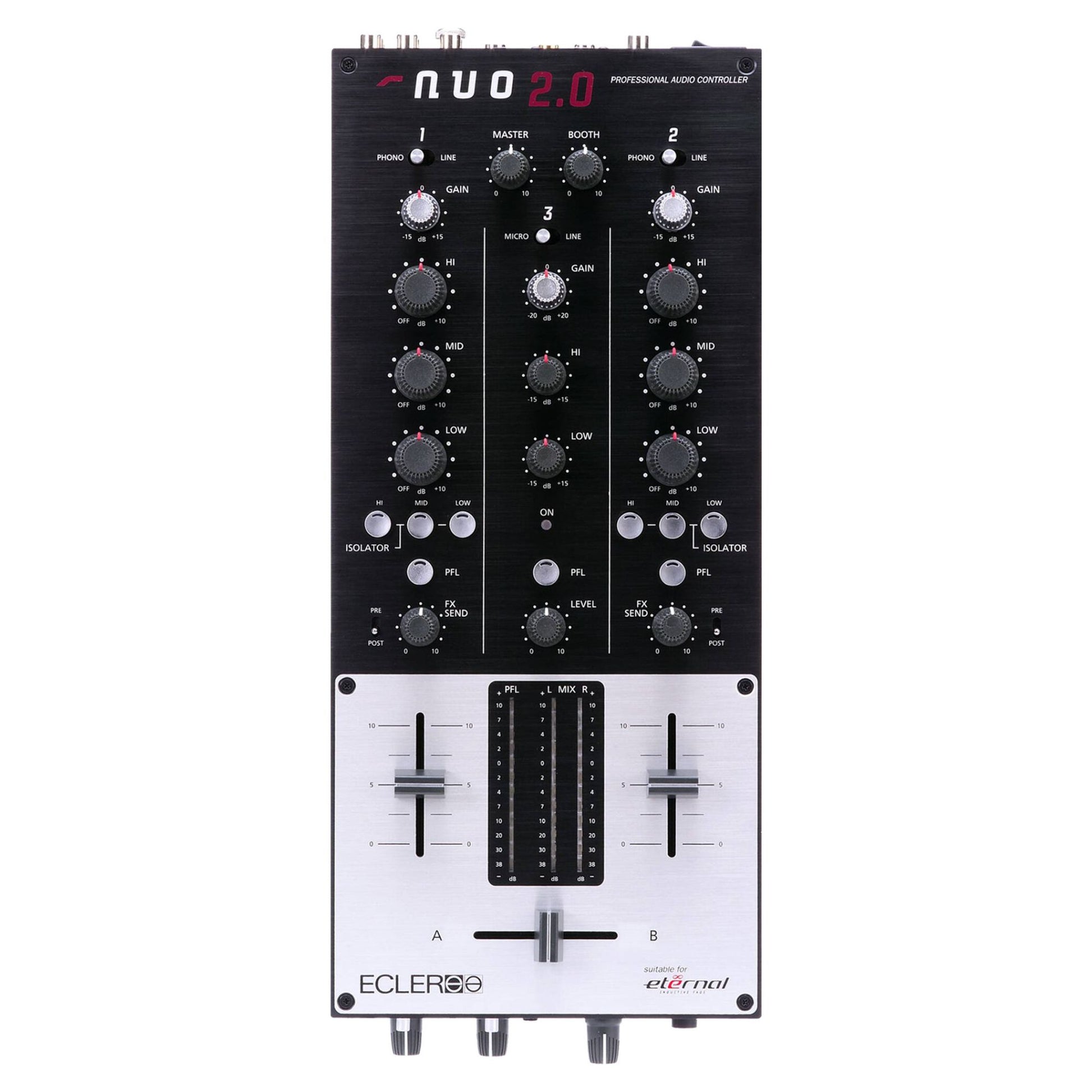 Front view of Ecler NUO 2.0 Professional 2-Channel DJ Mixer on white background
