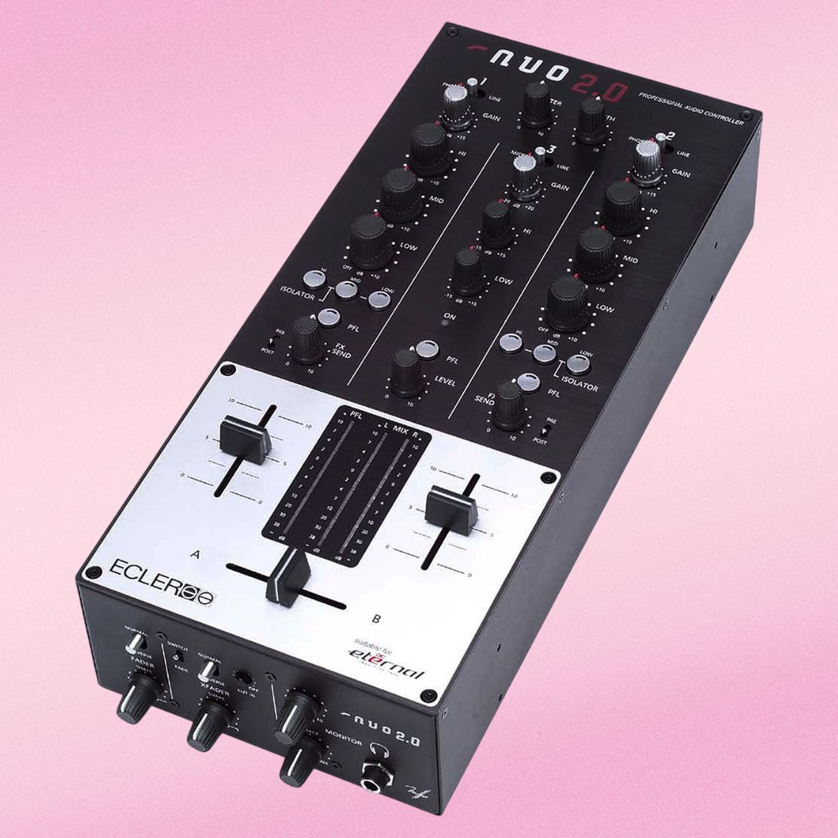 Angled view of Ecler NUO 2.0 Professional 2-Channel DJ Mixer on pink background