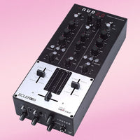 Angled view of Ecler NUO 2.0 Professional 2-Channel DJ Mixer on pink background
