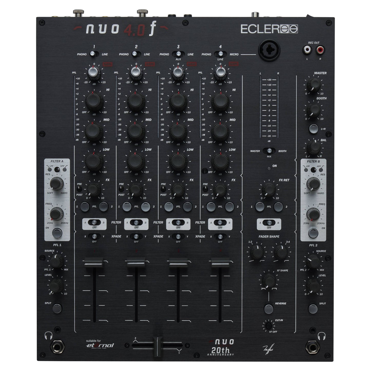 Front view of Ecler NUO4.0F Professional 4-Channel DJ Mixer Black on white background