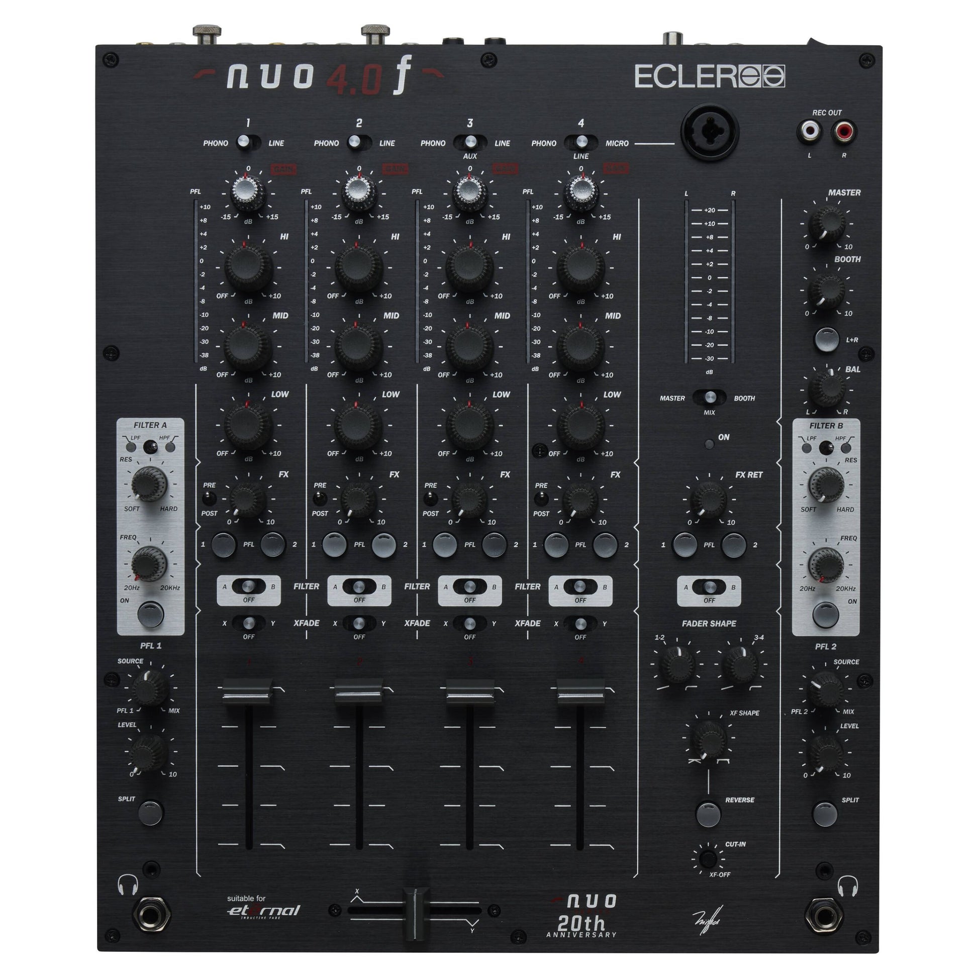 Front view of Ecler NUO4.0F Professional 4-Channel DJ Mixer Black on white background