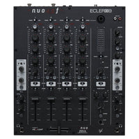 Front view of Ecler NUO4.0F Professional 4-Channel DJ Mixer Black on white background