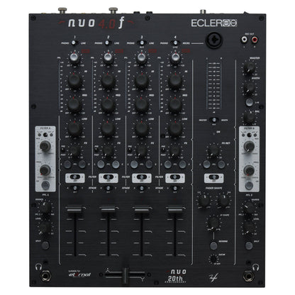 Front view of Ecler NUO4.0F Professional 4-Channel DJ Mixer Black on white background