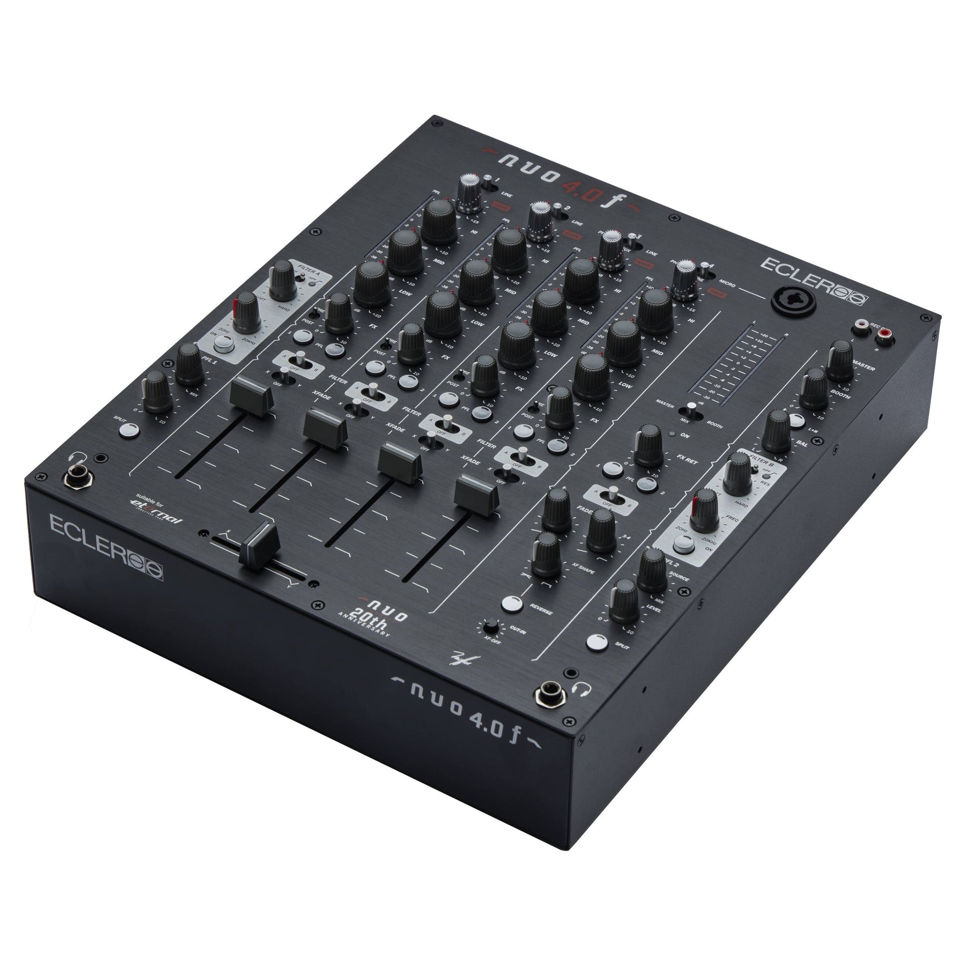 Angled view of Ecler NUO4.0F Professional 4-Channel DJ Mixer Black on white background