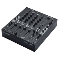 Angled view of Ecler NUO4.0F Professional 4-Channel DJ Mixer Black on white background