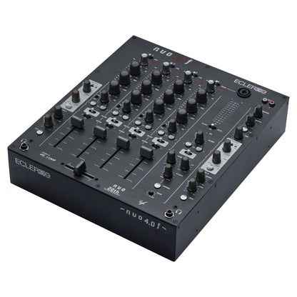 Angled view of Ecler NUO4.0F Professional 4-Channel DJ Mixer Black on white background