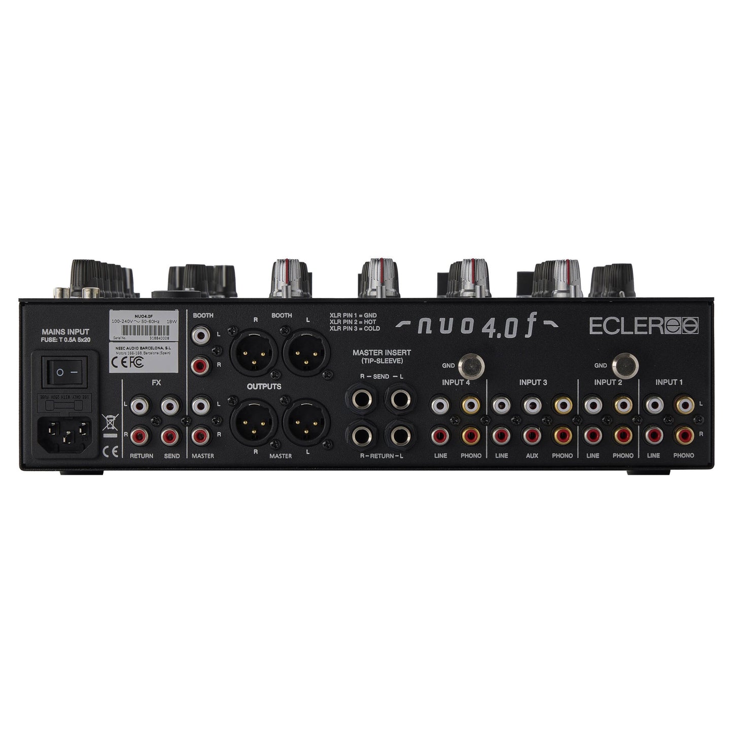 Top ports view of Ecler NUO4.0F Professional 4-Channel DJ Mixer Black on white background