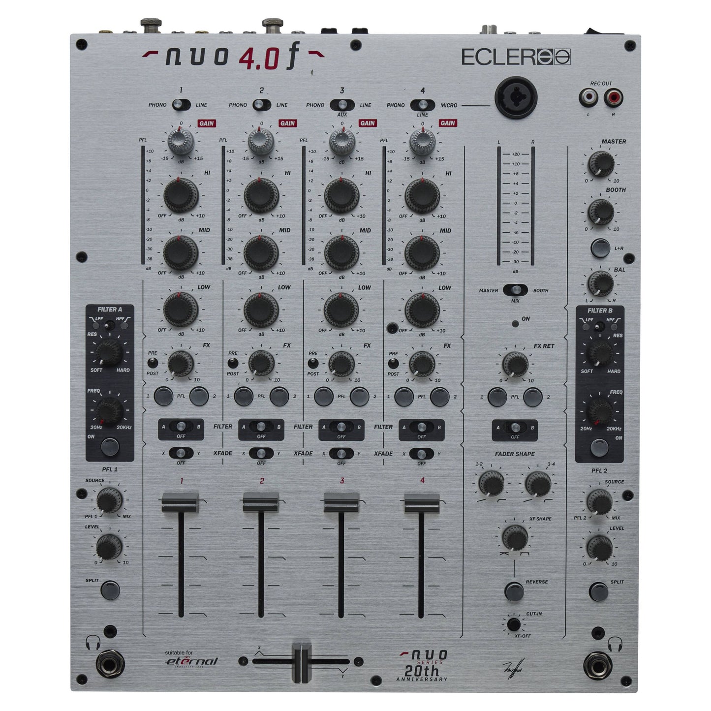 Front view of Ecler NUO4.0F Professional 4-Channel DJ Mixer Silver on white background