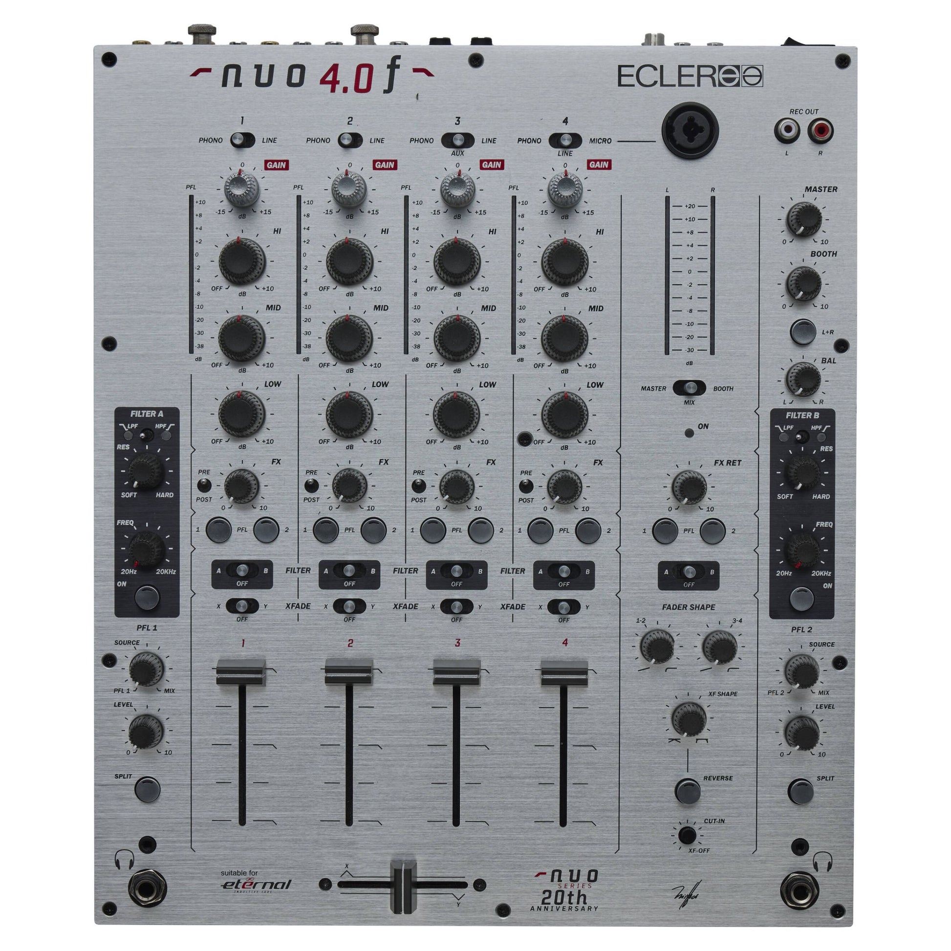 Front view of Ecler NUO4.0F Professional 4-Channel DJ Mixer Silver on white background