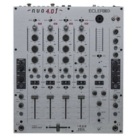 Front view of Ecler NUO4.0F Professional 4-Channel DJ Mixer Silver on white background