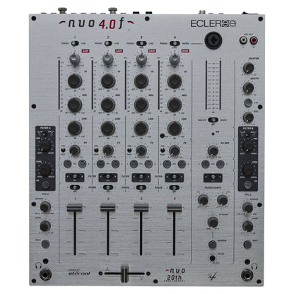 Front view of Ecler NUO4.0F Professional 4-Channel DJ Mixer Silver on white background