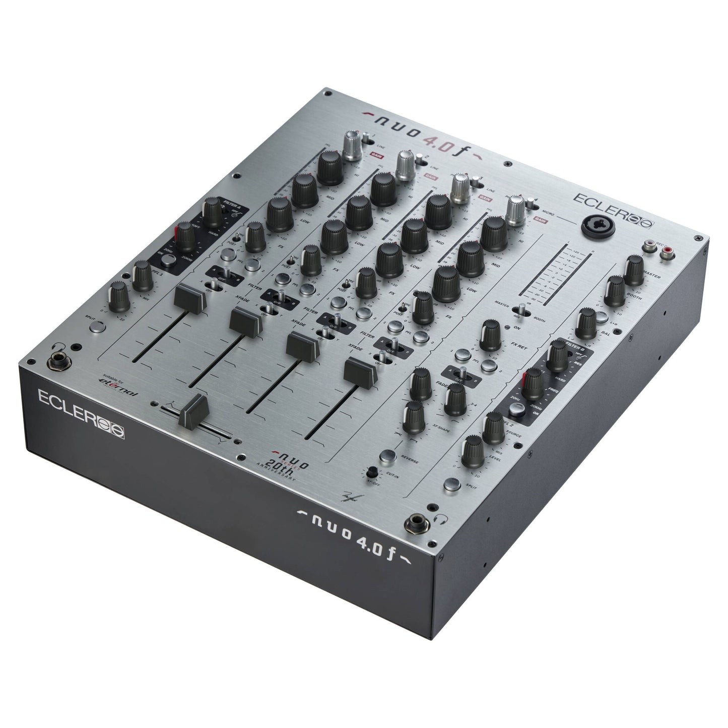 Angled view of Ecler NUO4.0F Professional 4-Channel DJ Mixer Silver on white background